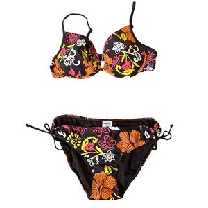 NWT La Vie En Rose Aqua Two Piece Matching Bikini - Brown Floral Print